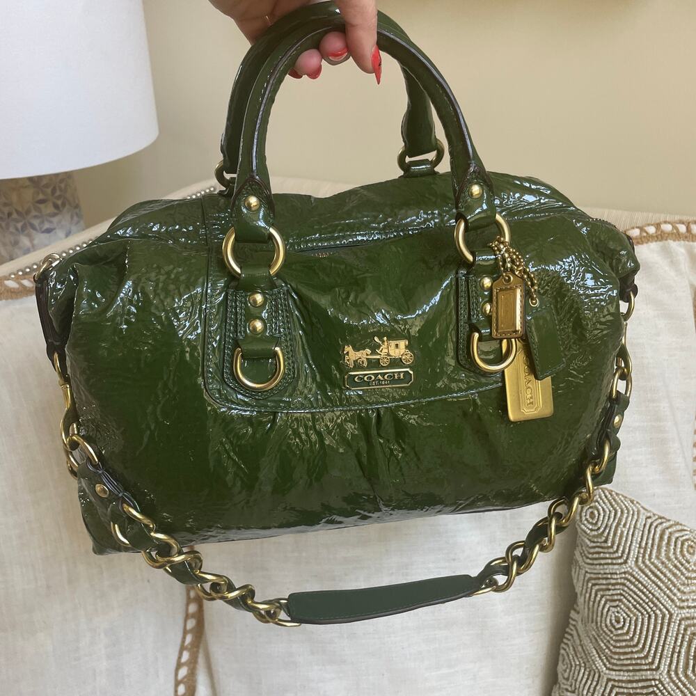 Coach Madison Sabrina Satchel 12948 | Forest Green Crinkle Patent Leather, Rare - Picture 2 of 9